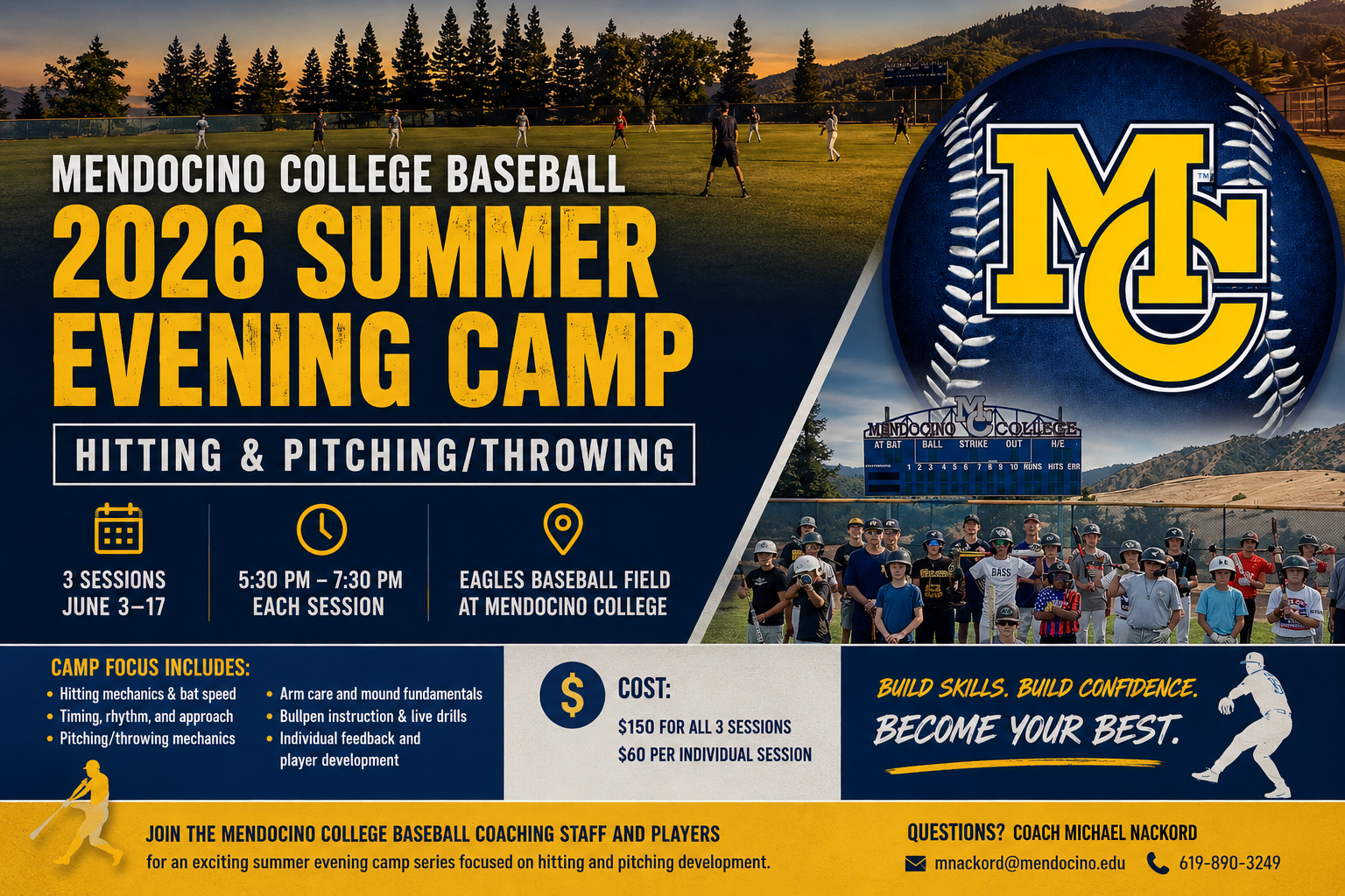 MENDOCINO COLLEGE BASEBALL 2026 SUMMER EVENING HITTING & PITCHING/THROWING FUNDAMENTALS CAMP